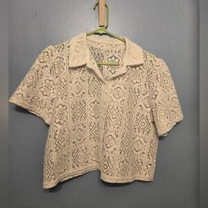 Cropped Crochet Button-Front Short Sleeve Top